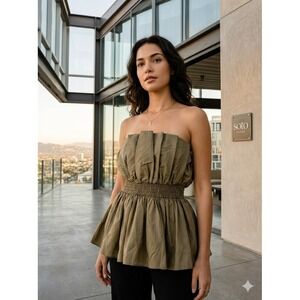 Miou Mu Soto Boutique Olive Green Strapless Peplum Smocked Waist Top Small NEW
